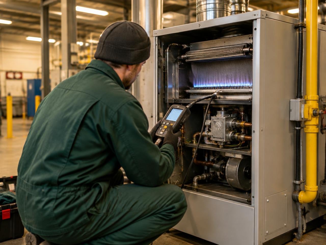 Engineer servicing a gas fired cabinet heater
